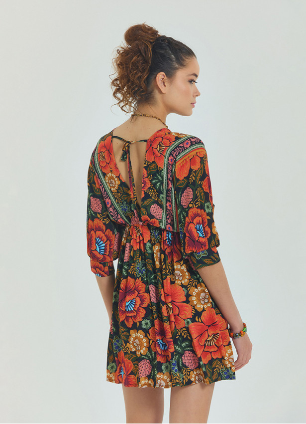 V Neck Elastic Waist Backless Black Floral Dress 4565